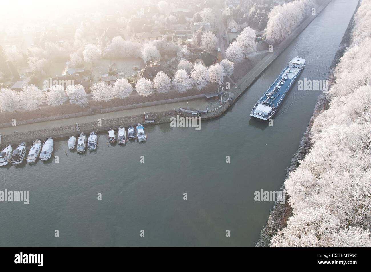 Aerial view Rhine-Herne Canal, Waltrop, Cargo ship, North Rhine-Westphalia, Germany Stock Photo