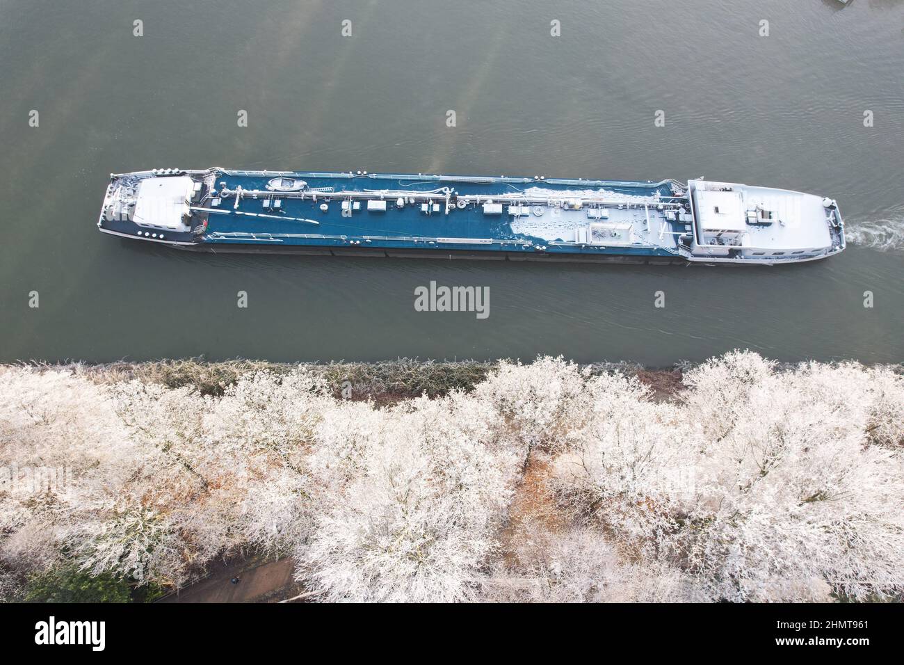 Aerial view Rhine-Herne Canal, during riem ice, Waltrop, Cargo ship, North Rhine-Westphalia, Germany Stock Photo