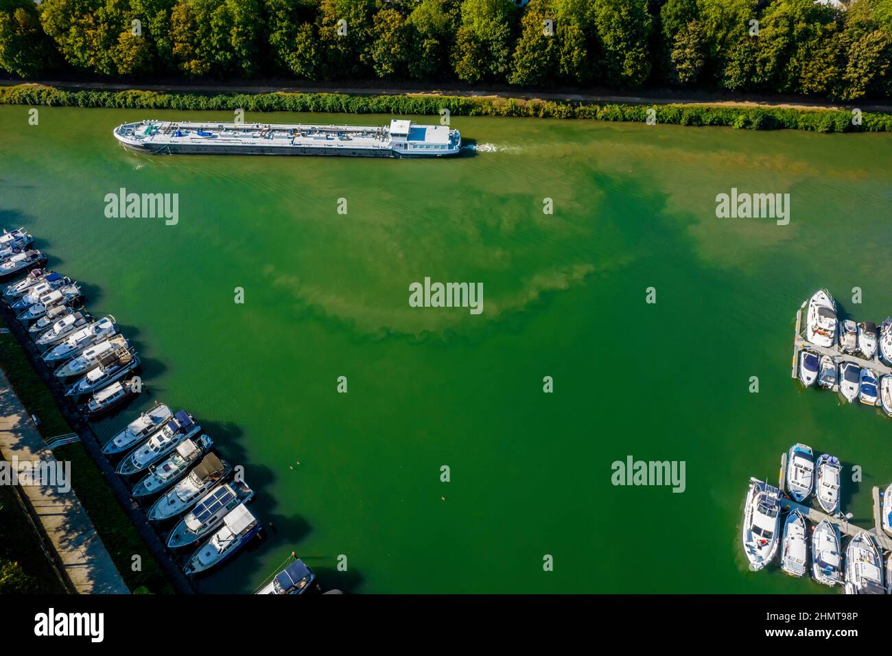 Aerial view Rhine-Herne Canal, Waltrop, Cargo ship, North Rhine-Westphalia, Germany Stock Photo