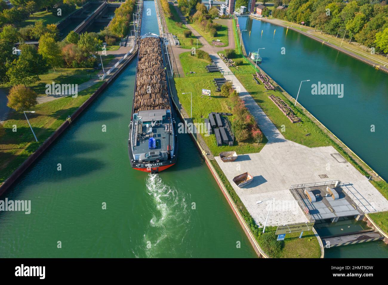 Aerial view Rhine-Herne Canal, Waltrop, ship lifting, Cargo ship, North Rhine-Westphalia, Germany, Germany Stock Photo
