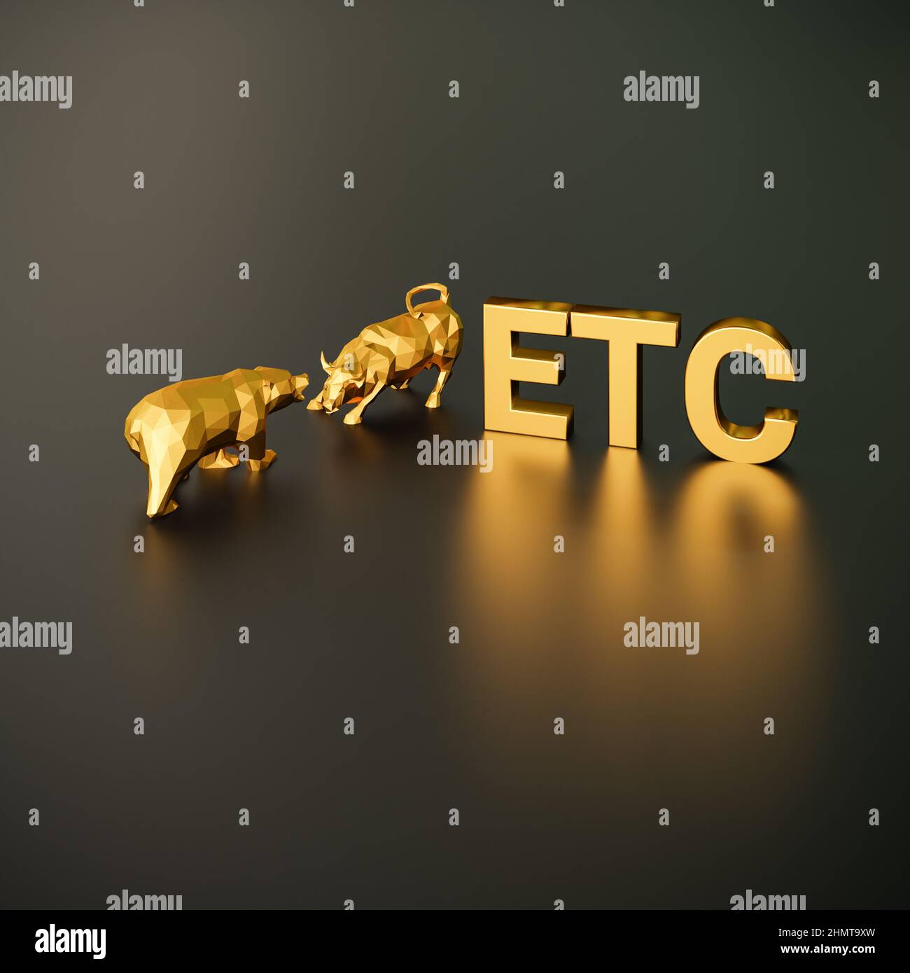 Exchange traded commodities concept. A bull and bear besides the golden text ETC. Stock Photo