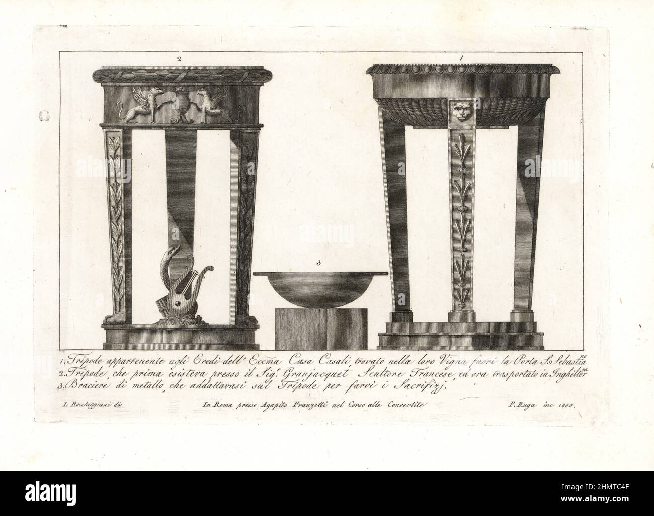 Tripod belonging to the Heirs of the Ecoma, Casa Casali, found in their vineyard outside the Porta San Sebastiono, Rome 1, tripod owned by French sculptor Antoine-Guillaume Granjacquet 2, and metal brazier for sacrifices 3. Copperplate engraving by Pietro Ruga after an illustration by Lorenzo Rocceggiani from his own 100 Plates of Costumes Religious, Civil and Military of the Ancient Egyptians, Etruscans, Greeks and Romans, Franzetti, Rome, 1802. Stock Photo