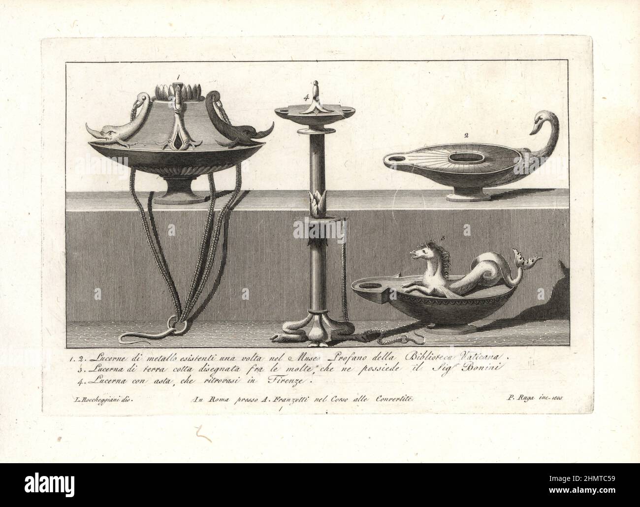 Metal oil lamps with dolphins and swan from the Profane Museum, Vatican Library 1,2, terracotta lamp with chimera owned by Bonini 3, and lamp on a pillar found in Florence 4. Copperplate engraving by Pietro Ruga after an illustration by Lorenzo Rocceggiani from his own 100 Plates of Costumes Religious, Civil and Military of the Ancient Egyptians, Etruscans, Greeks and Romans, Franzetti, Rome, 1802. Stock Photo