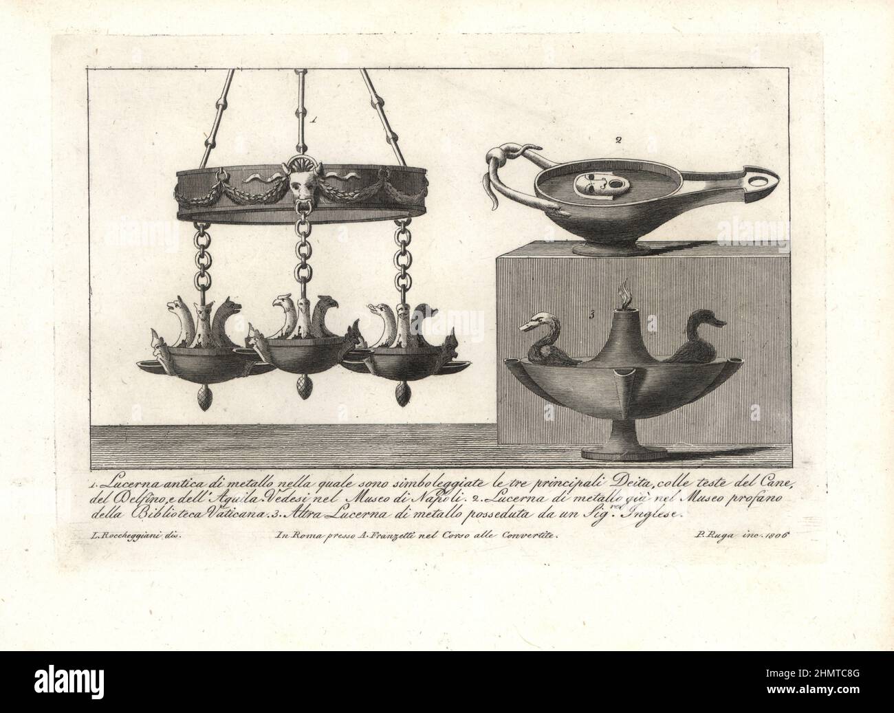 Ancient metal lamp with heads of dogs, dolphins and eagles symbolizing the three main deities in Naples Museum 1, metal oil lamp with theatrical mask in the Museo Profano, Vatican Library 2, and another metal lamp with swan heads 3. Copperplate engraving by Pietro Ruga after an illustration by Lorenzo Rocceggiani from his own 100 Plates of Costumes Religious, Civil and Military of the Ancient Egyptians, Etruscans, Greeks and Romans, Franzetti, Rome, 1802. Stock Photo