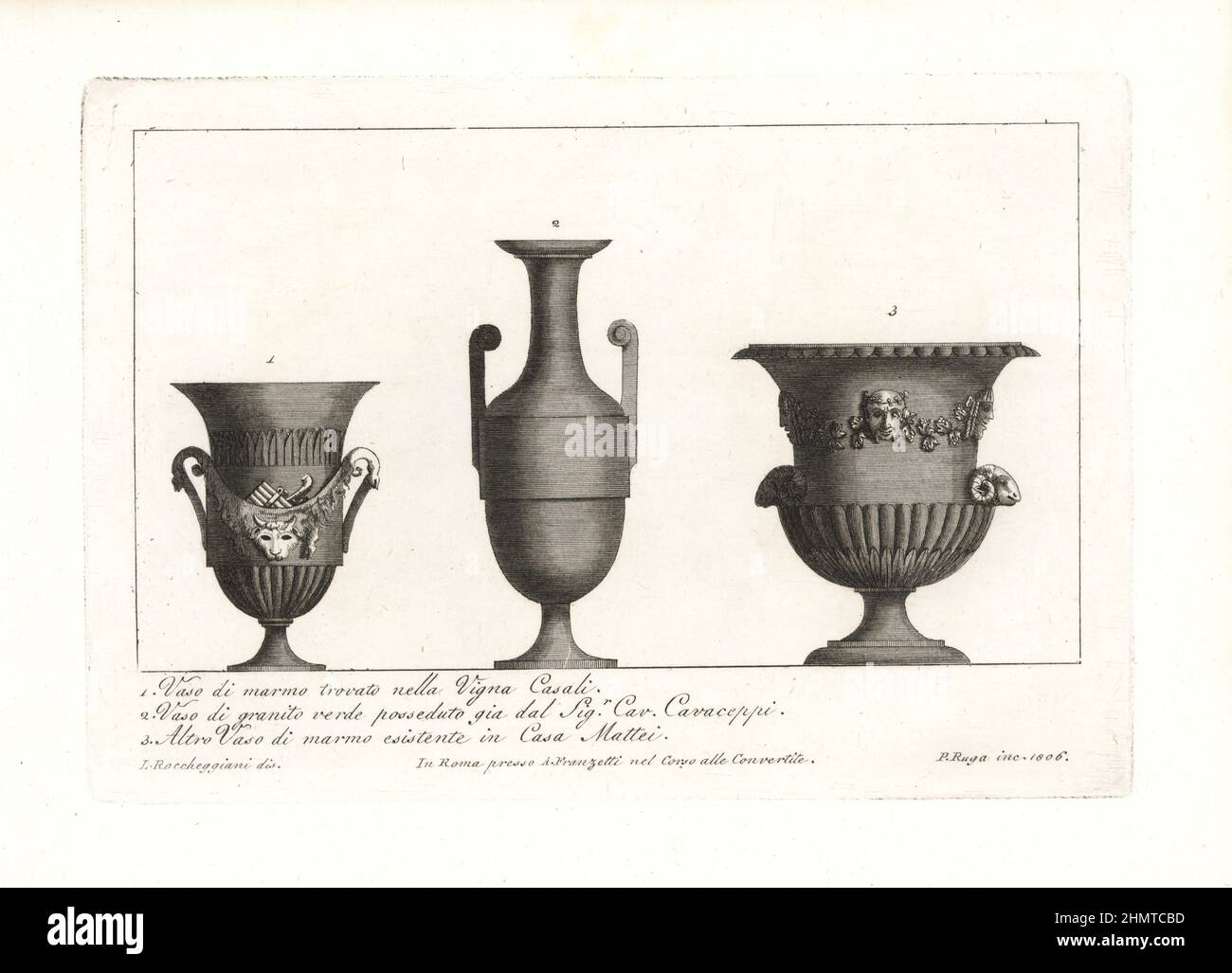 Marble vase decorated with cowskin and pan pipes found near the Vigna Casali, Casali vineyard, 1, granite vase owned by sculptor Bartolomeo Cavaceppi 2, and marble vase from the Casa Mattei 3. Copperplate engraving by Pietro Ruga after an illustration by Lorenzo Rocceggiani from his own 100 Plates of Costumes Religious, Civil and Military of the Ancient Egyptians, Etruscans, Greeks and Romans, Franzetti, Rome, 1802. Stock Photo