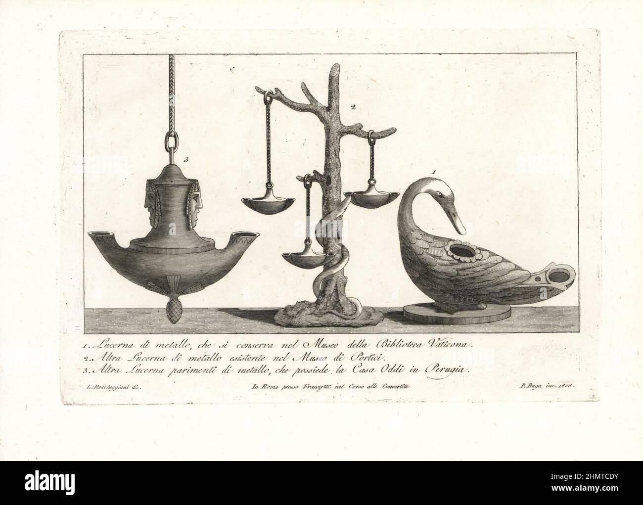 Metal lamp with theatrical masks from the museum of the Vatican Library  1, metal lamp with snake climbing a tree from the Museo di Portici 2, and metal lamp in the form of a swan from the Casa Oddi, Perugia 3. Copperplate engraving by Pietro Ruga after an illustration by Lorenzo Rocceggiani from his own 100 Plates of Costumes Religious, Civil and Military of the Ancient Egyptians, Etruscans, Greeks and Romans, Franzetti, Rome, 1802. Stock Photo
