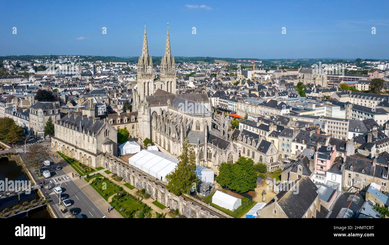 France, Brittany, Finistere, Quimper, Ramparts and Saint Corentin Cathedral Stock Photo