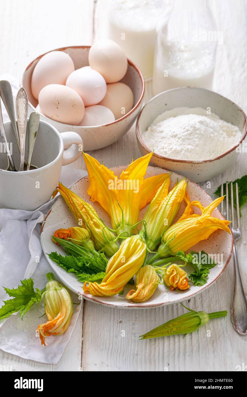 Homemade roasted pumpkin flower as unique summer vegetarian snack