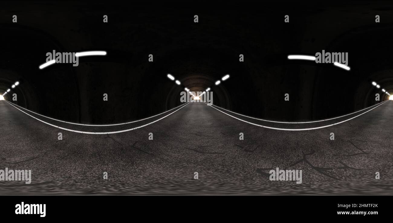 360 degree full panorama environment map of dark underground concrete tunnel motorway road with sun light 3d render illustration hdri hdr vr virtual Stock Photo