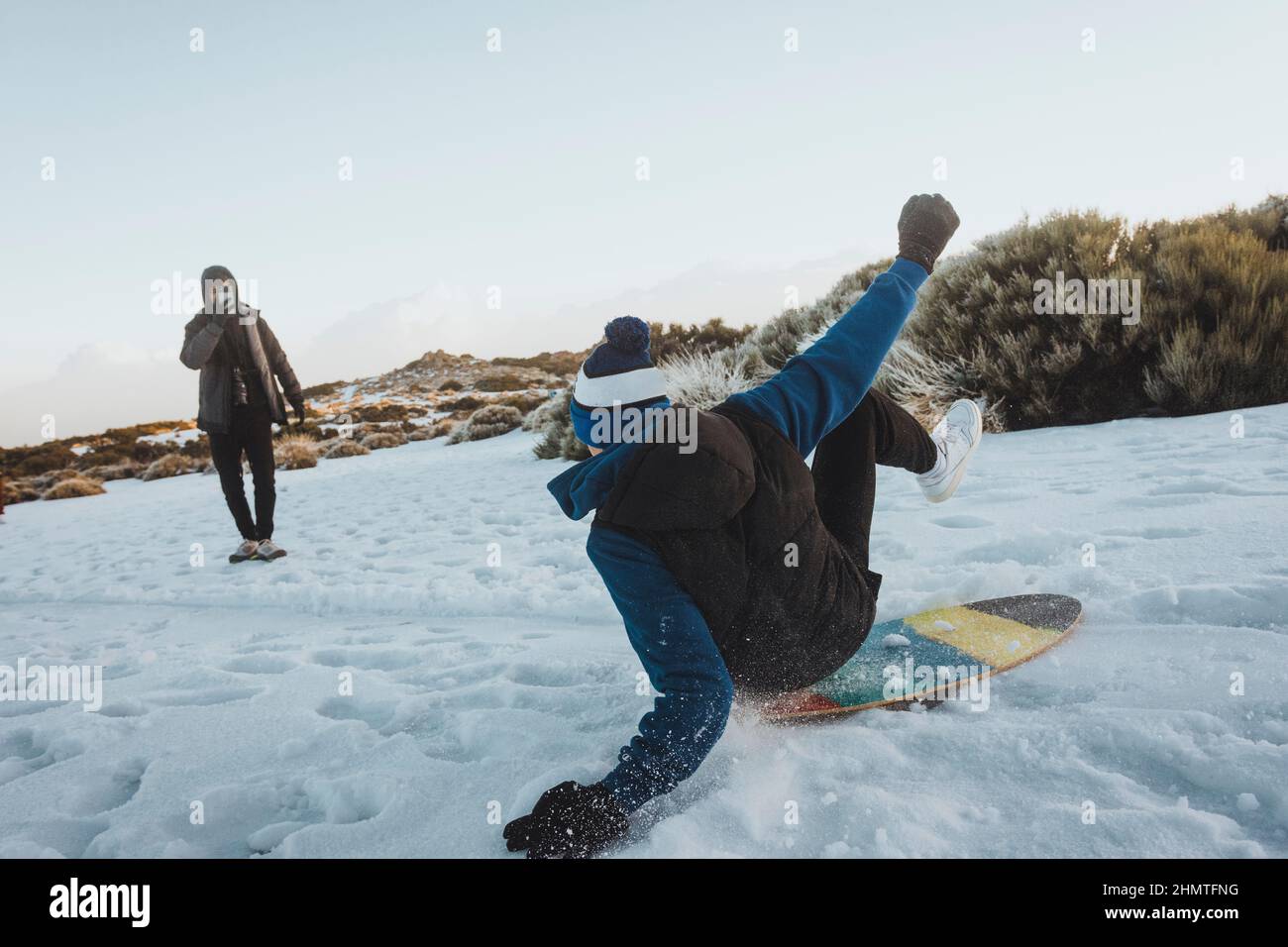 Having fun on the snow, sharing it on social networks Stock Photo