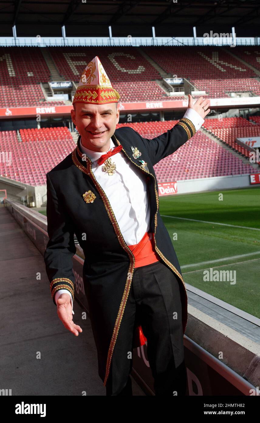 Cologne, Germany. 12th Feb, 2022. Platoon leader Holger Kirsch stands in the Rheinenergie stadium after a press conference on the schedule of the Shrove Monday procession in Cologne. Persiflage floats of the Cologne Shrove Monday procession are to pass through the soccer stadium in front of 8800 spectators. Credit: Henning Kaiser/dpa/Alamy Live News Stock Photo