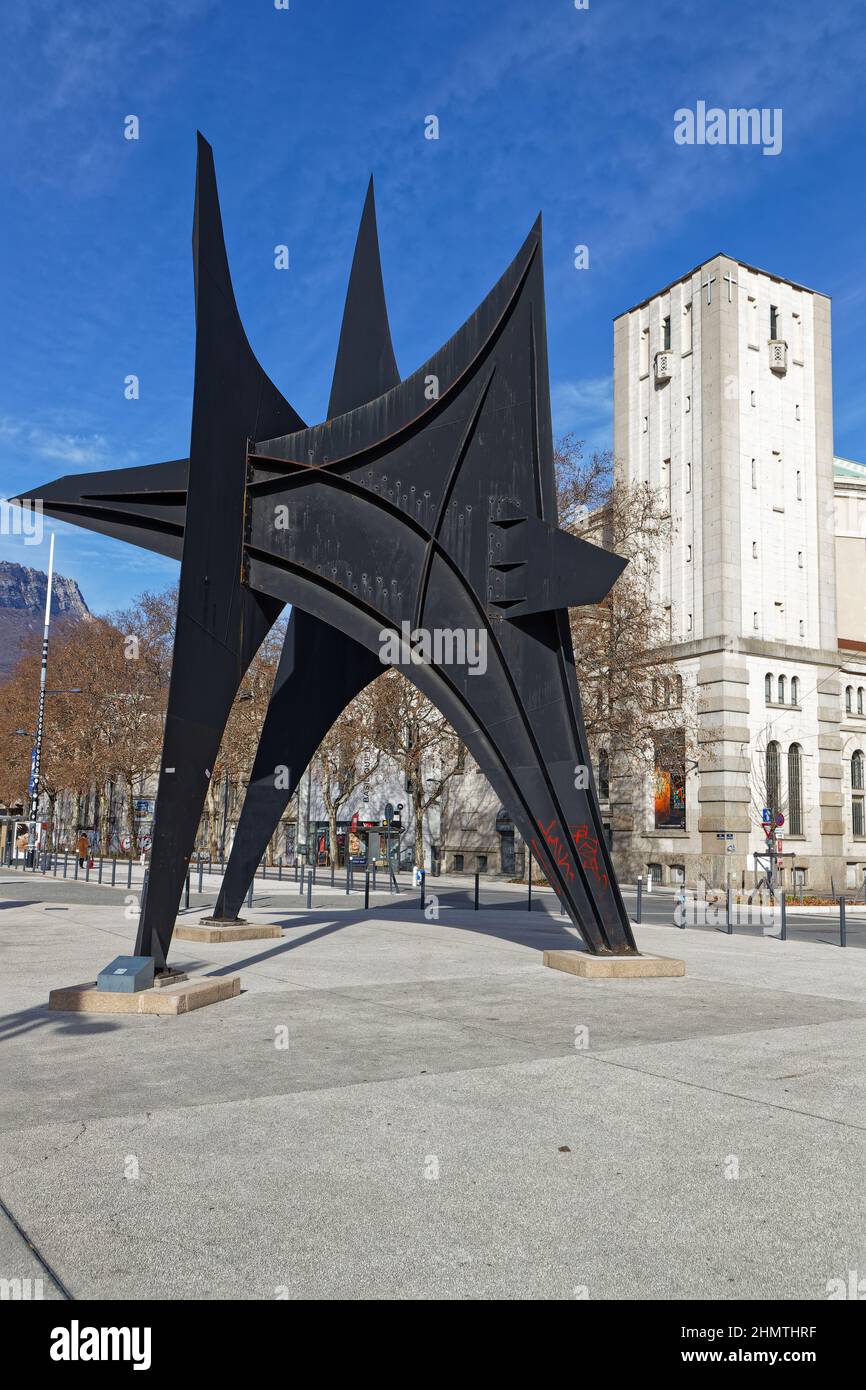 GRENOBLE, FRANCE, February 3, 2022 : A monument by Calder, called 'Les Trois Pics' (three peaks) stands on the square in front of Grenoble railway sta Stock Photo