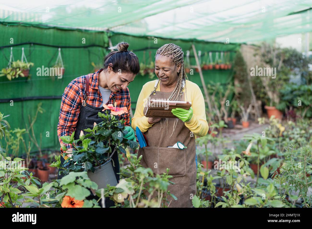 Happy female gardeners working together in plants and flowers shop Stock Photo