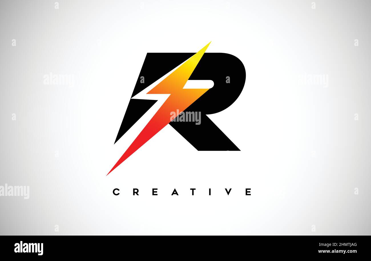 Letter R Thunderbolt Logo Concept with Black Letter and Orange Yellow ...