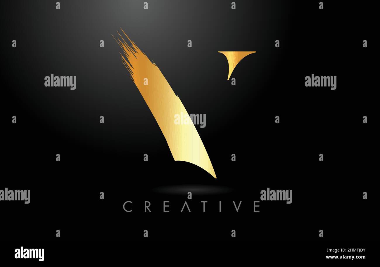 Golden V Brush Letter Logo with Gold Foil Texture Look. Artistic V ...