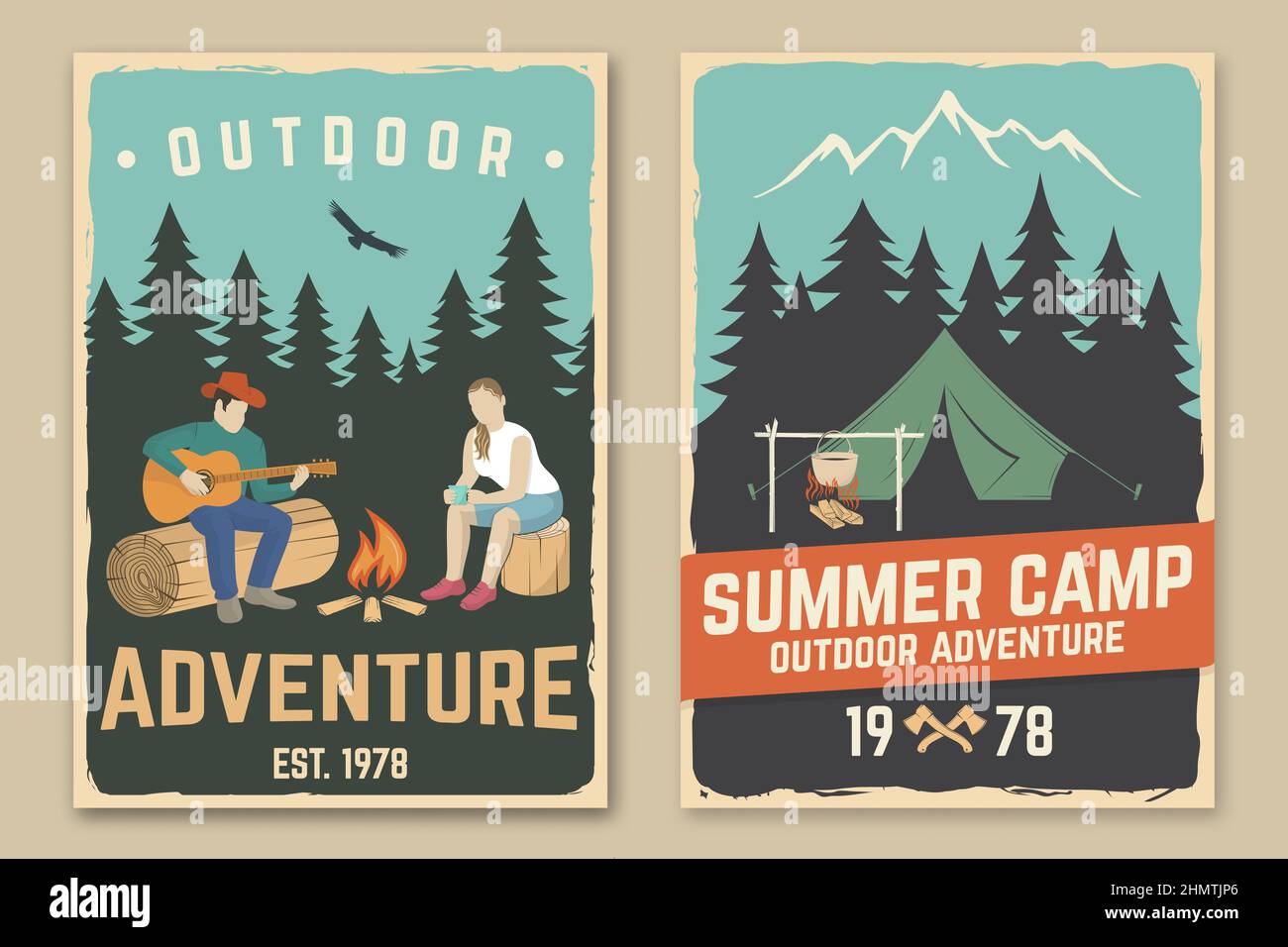 Set of camping retro posters. Vector. Concept for shirt or print, stamp, travel badge. Vintage typography design with camper tent, pot on the fire Stock Vector