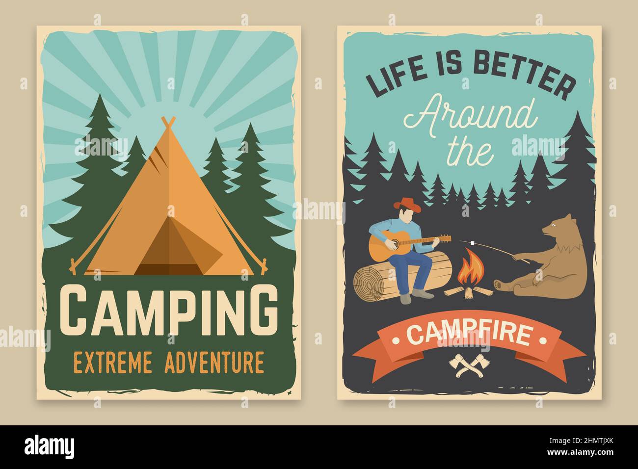 Set of camping retro posters. Vector. Concept for shirt or print, stamp, travel badge. Vintage typography design with camper tent, pot on the fire Stock Vector
