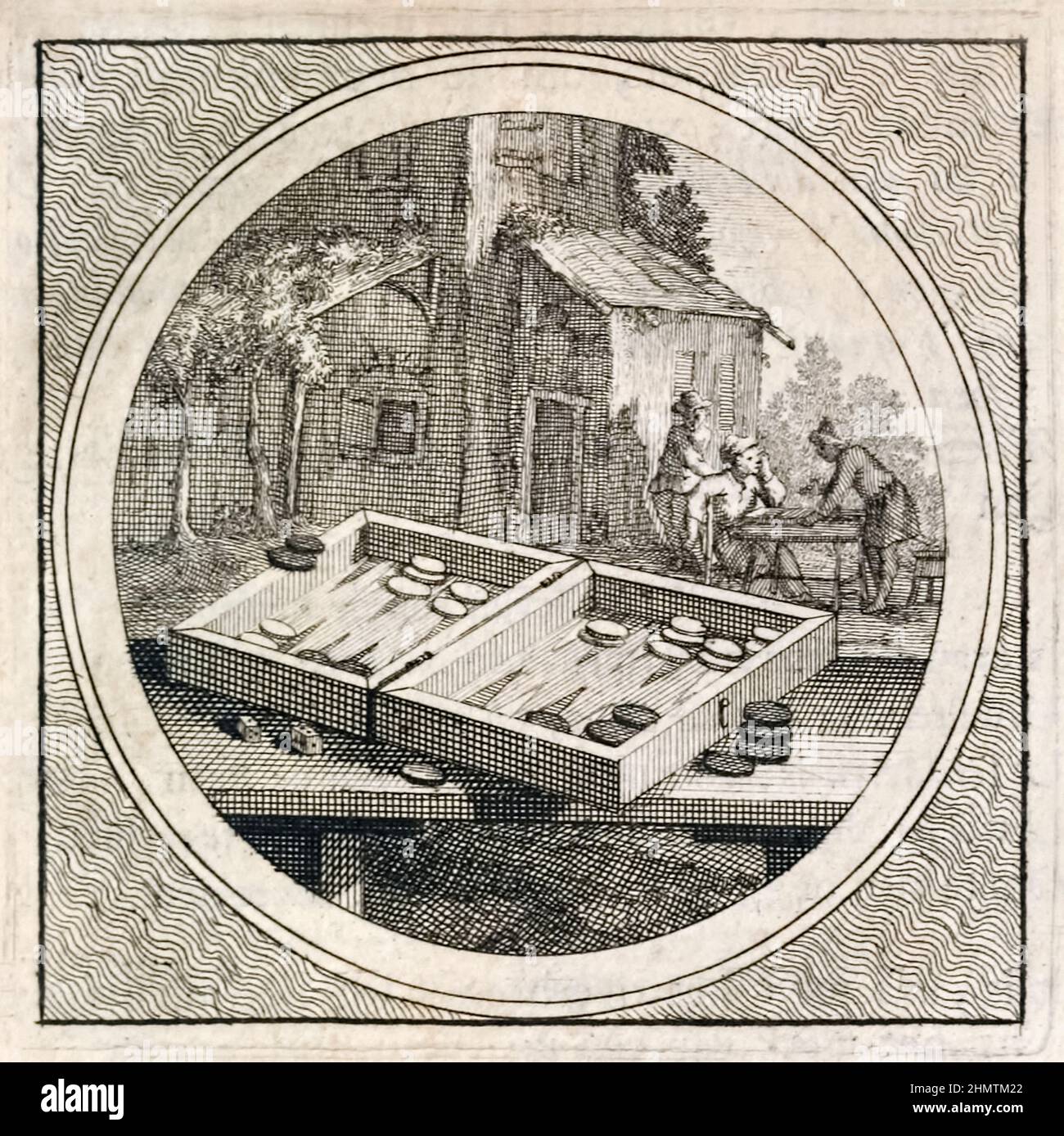 Backgammon set and players from Stichtelyke Zinnebeelde by Arnold Houbraken (1660-1719). Photograph of original engraving published in 1723. Stock Photo