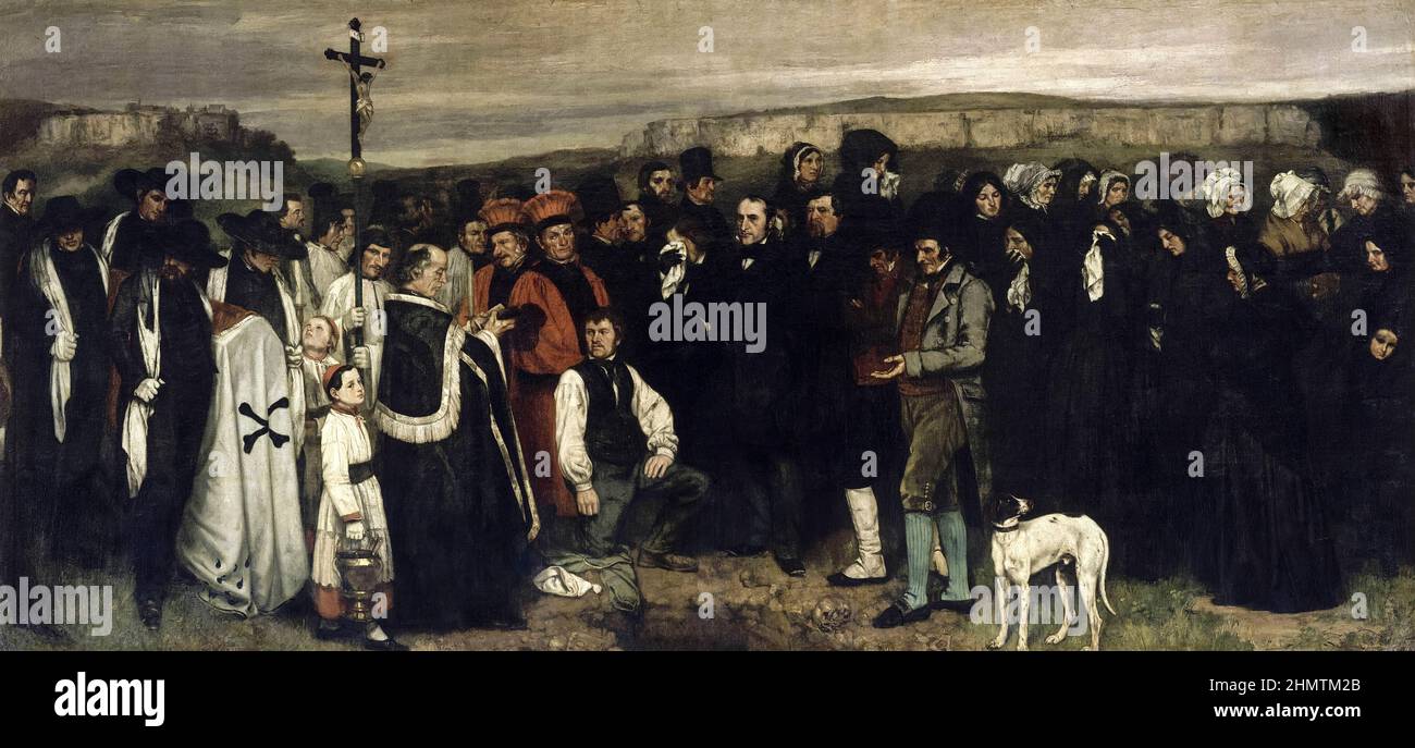 A Funeral At Ornans [Un enterrement à Ornans] by French painter Gustave Courbet (1819-1877) painted in 1849-50 showing the funeral of his great-uncle and is over 6 metres in length. Stock Photo