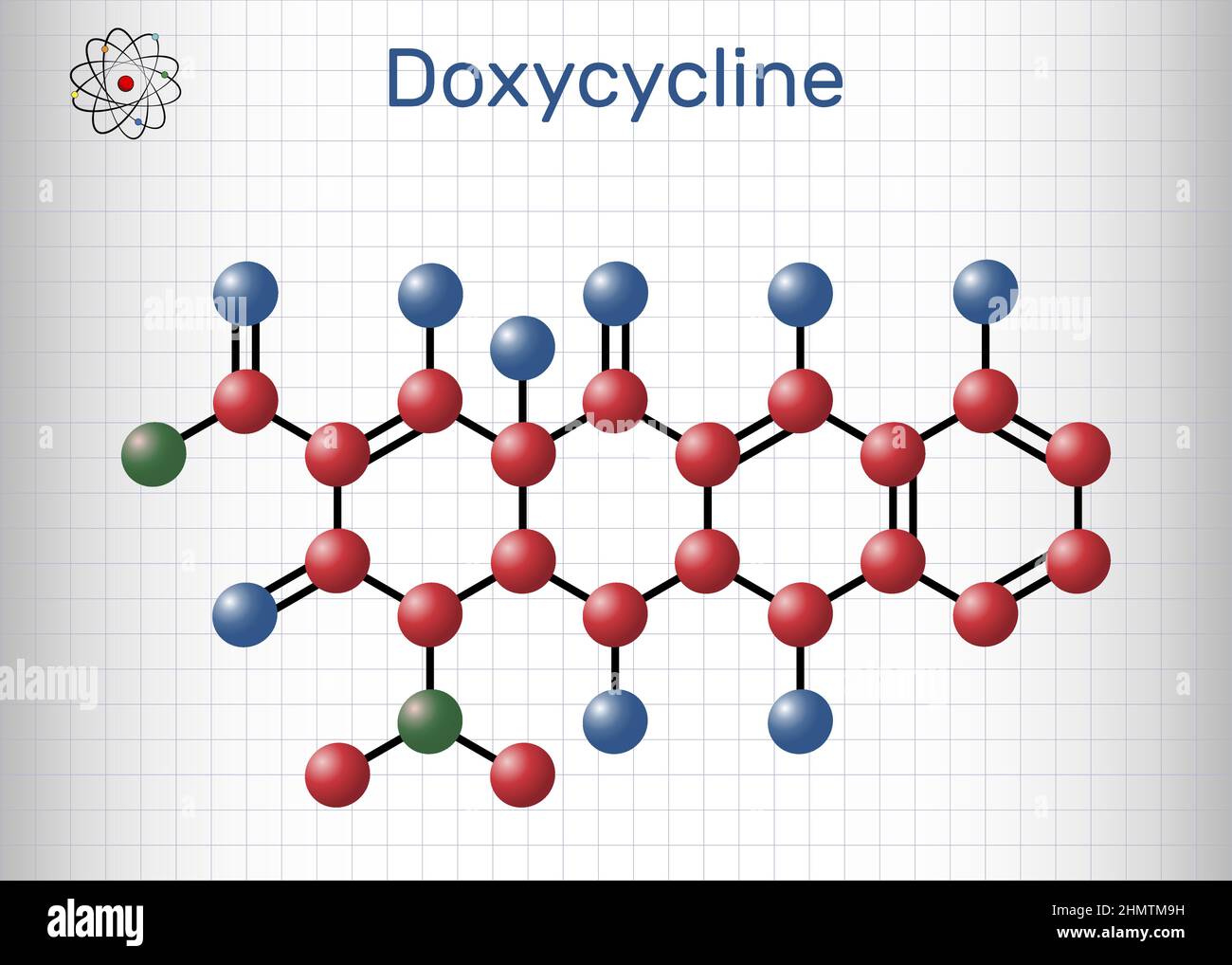 Doxycycline molecule. It is broad-spectrum tetracycline antibiotic used to treat a wide variety of bacterial infections. Molecule model. Sheet of pape Stock Vector
