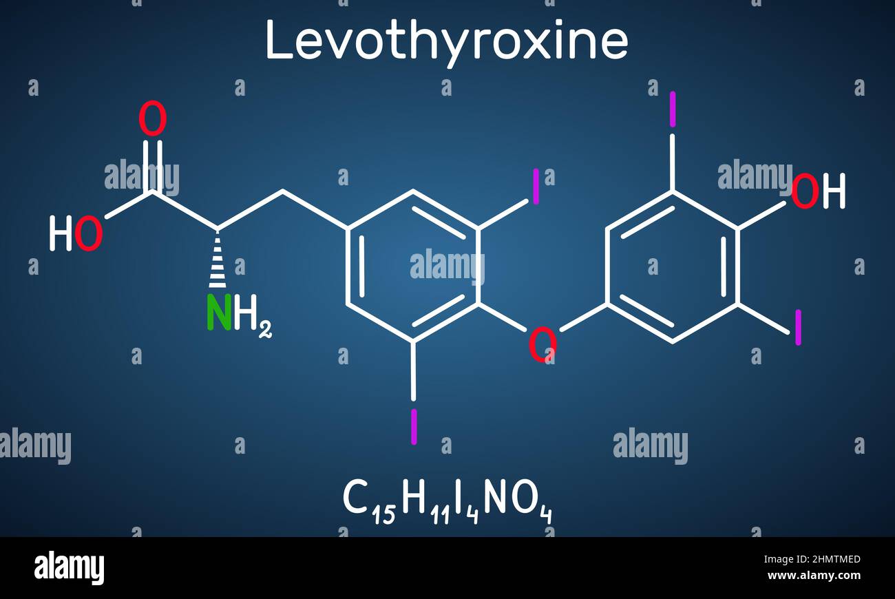 Levothyroxine, L-thyroxine molecule. It is synthetic form of the thyroid hormone thyroxine, T4 hormone, used to treat hypothyroidism. Structural chemi Stock Vector