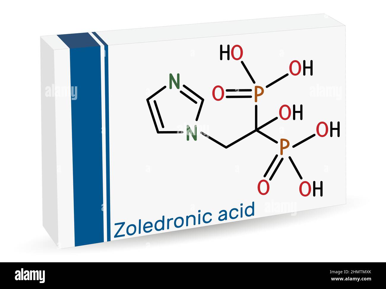 Zoledronic acid, zoledronate molecule. It is bisphosphonate, used to treat a number of bone diseases. Skeletal chemical formula. Paper packaging for d Stock Vector