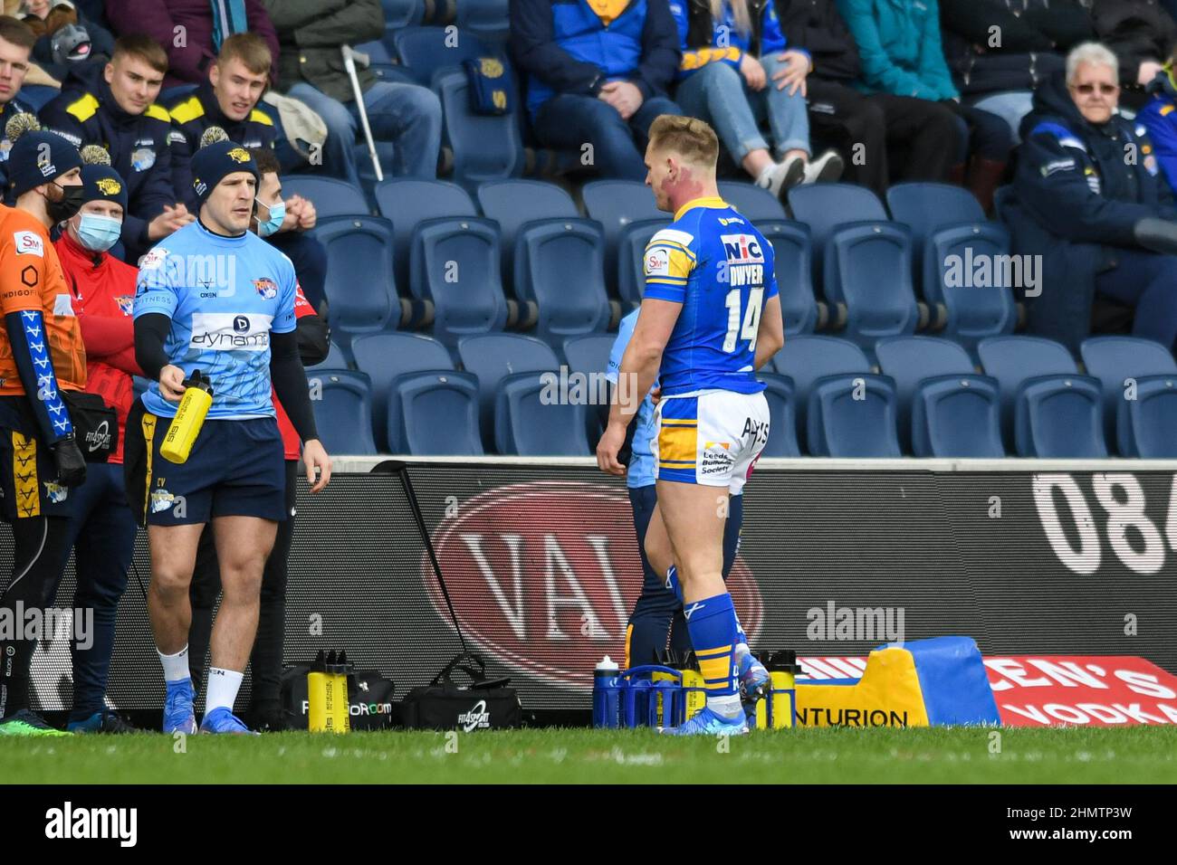 Brad Dwyer 14 of Leeds Rhinos is sent to the sin bin after receiving a