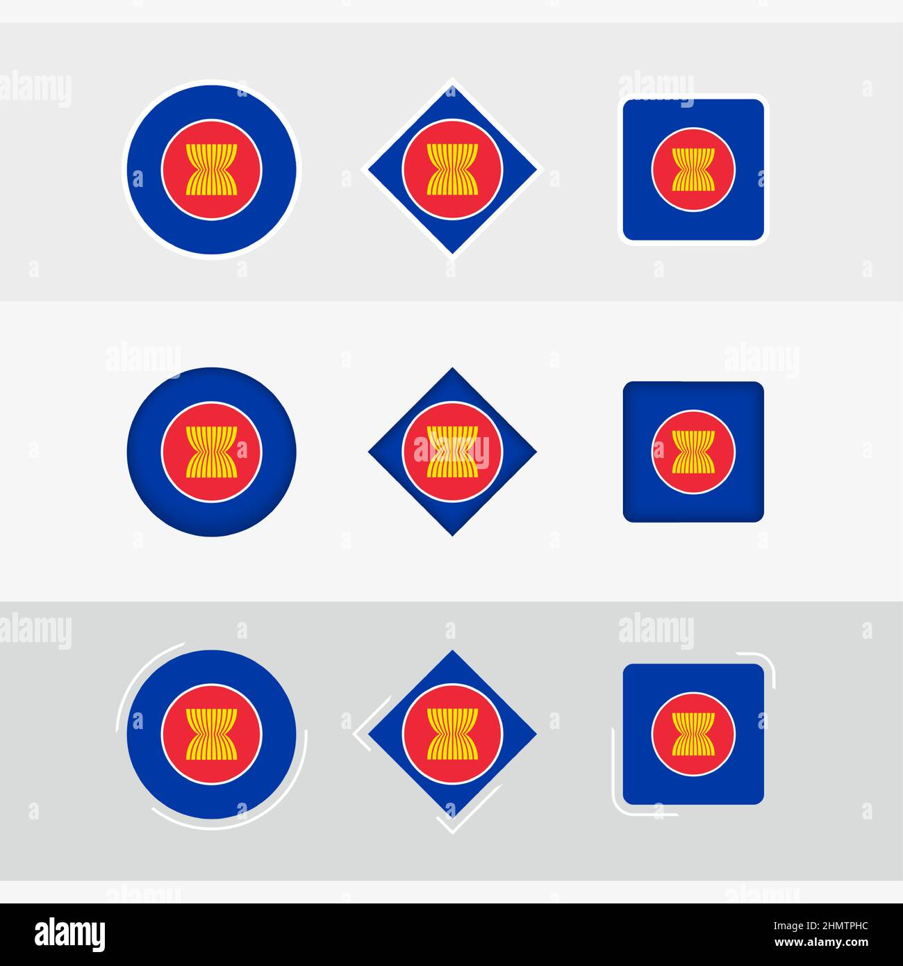 ASEAN flag icons set, vector flag of ASEAN. Three versions of icon. Stock Vector