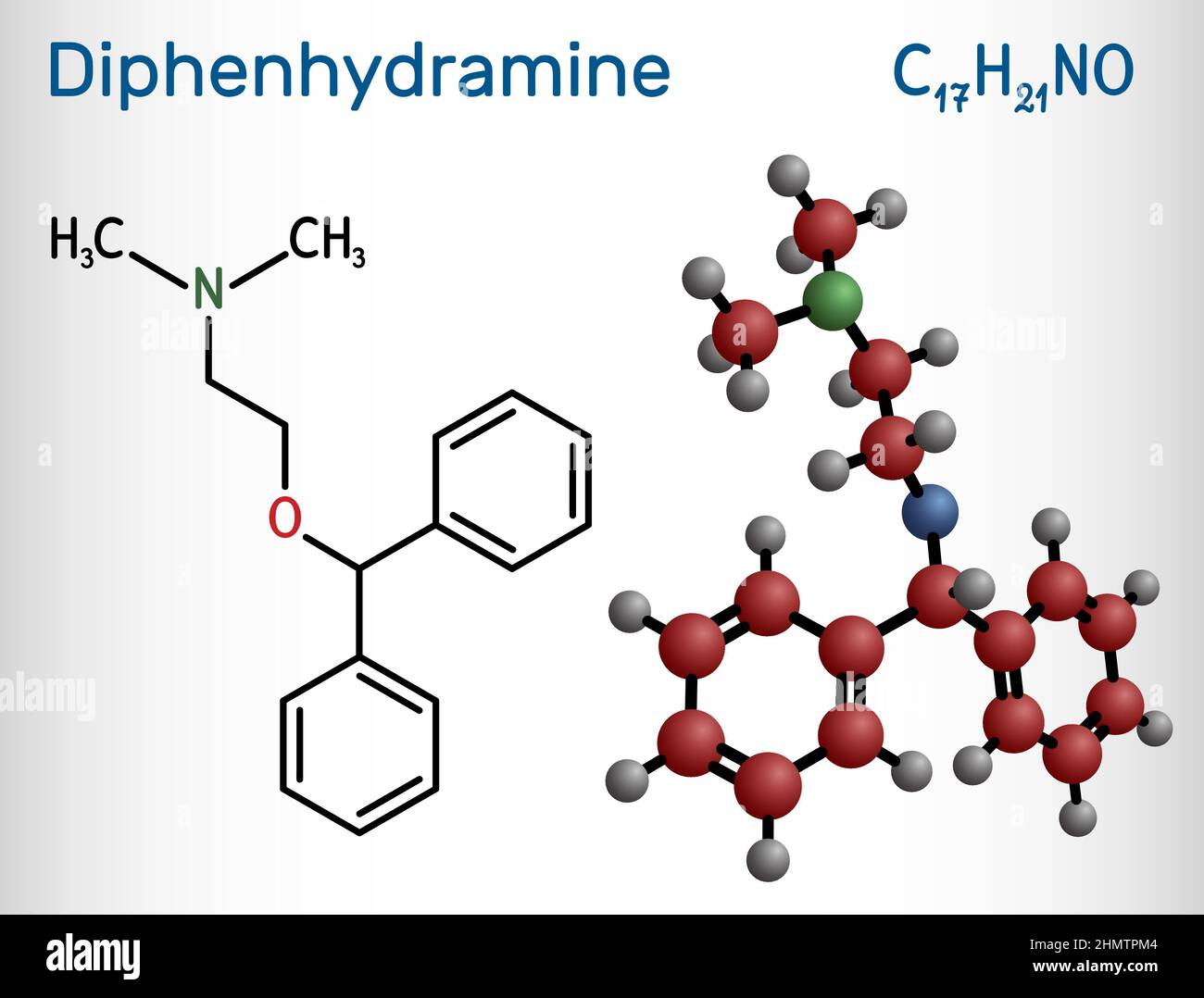 Diphenhydramine, molecule. It is H1 receptor antihistamine used in the treatment of seasonal allergies. Structural chemical formula and molecule model Stock Vector