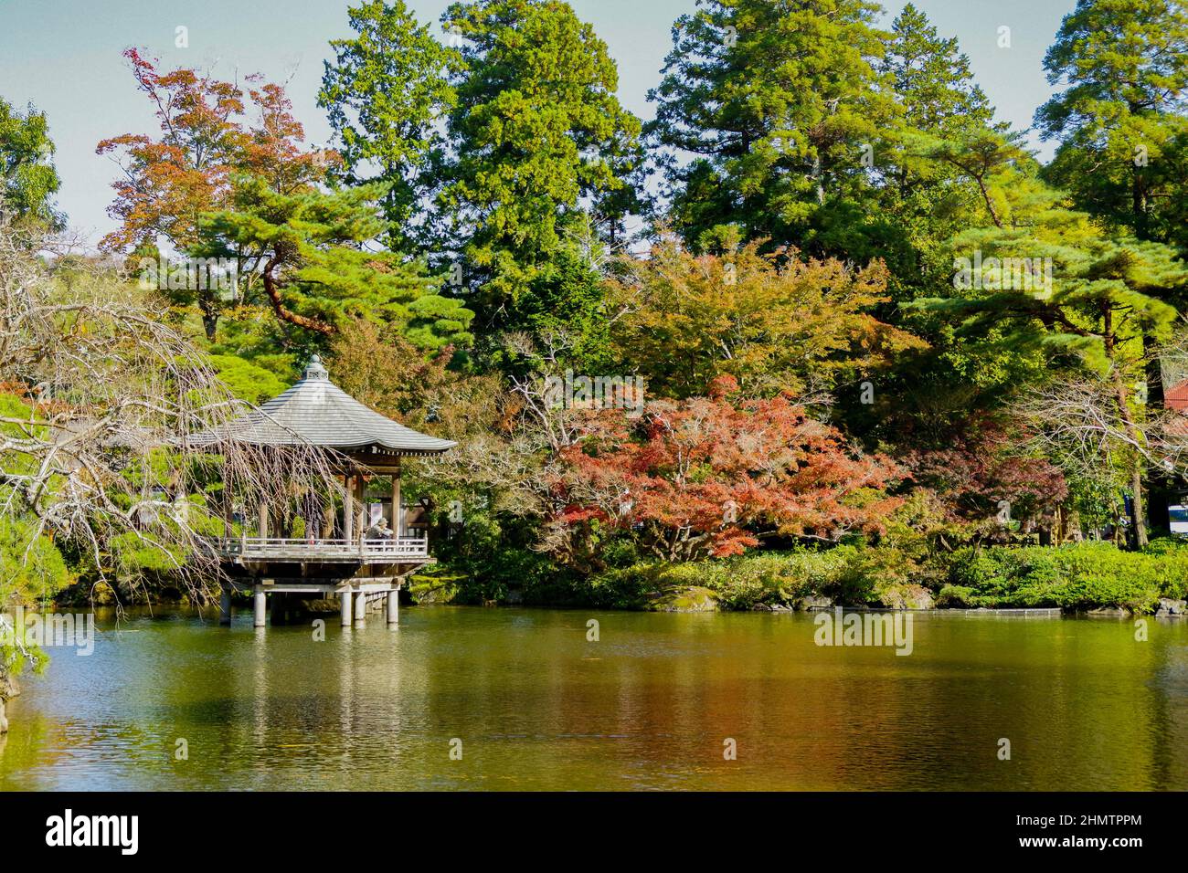 An oriental pavilion stands in the middle of a calm and peaceful pond. The  leaves turning red will let you know the autumn is coming. Stock Photo