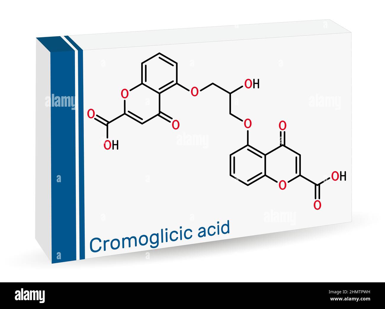Cromoglicic acid, cromolyn, cromoglycate, cromoglicate molecule. It is antihistamine medication used to treat asthma, allergic reactions of the eyes a Stock Vector