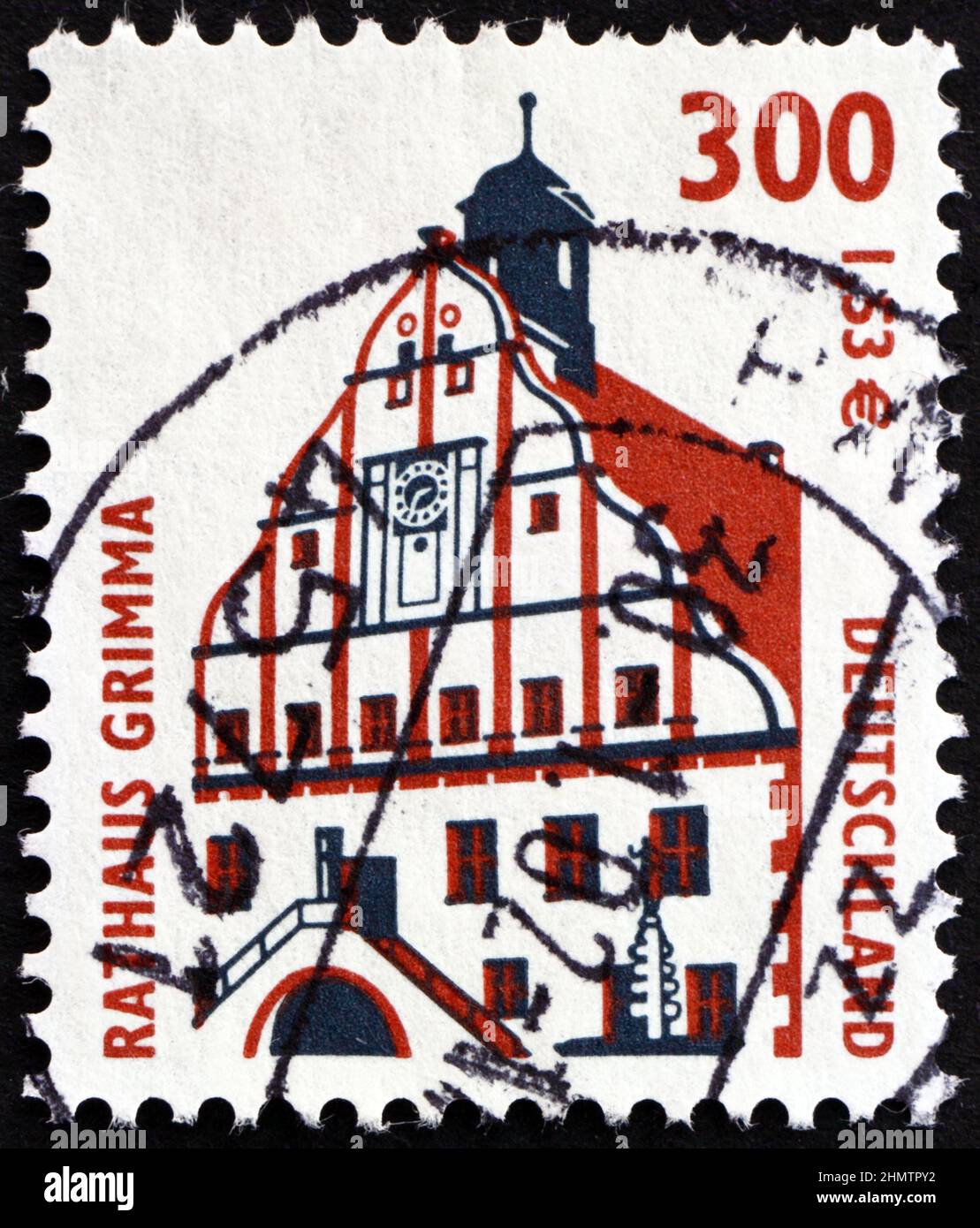 GERMANY - CIRCA 2000: a stamp printed in Germany shows Grimma town hall, historic site, circa 2000 Stock Photo