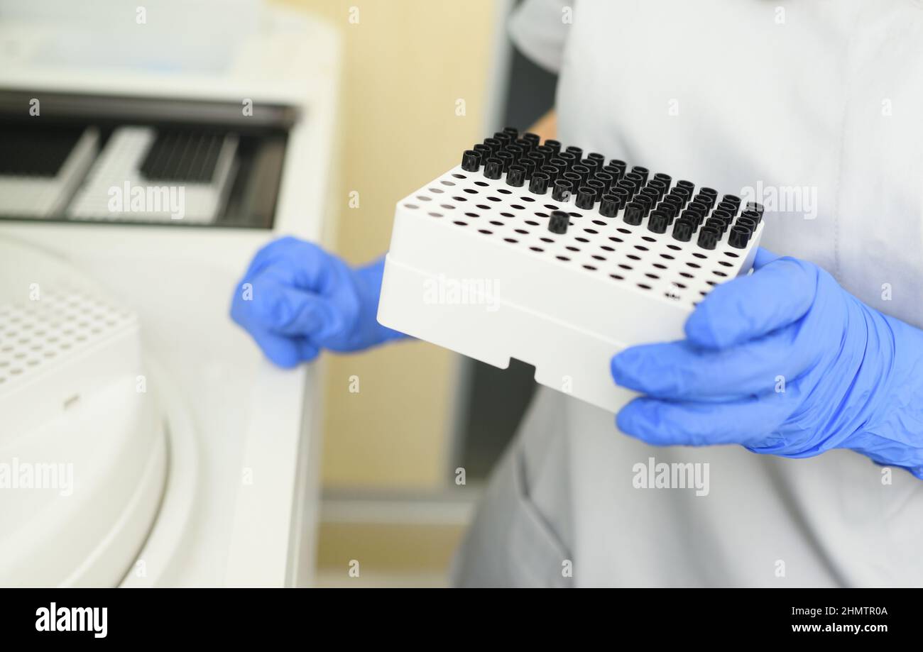 close-up of an employee of a medical bacteriological laboratory holding ...