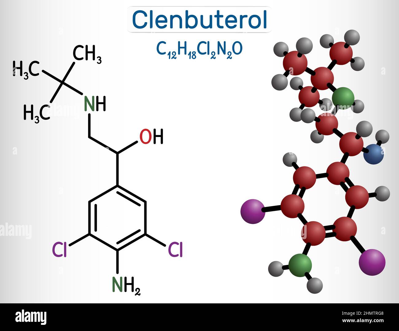 Clenbuterol molecule. It is sympathomimetic amine, decongestant and bronchodilator, used in respiratory conditions, in asthma. Structural chemical for Stock Vector