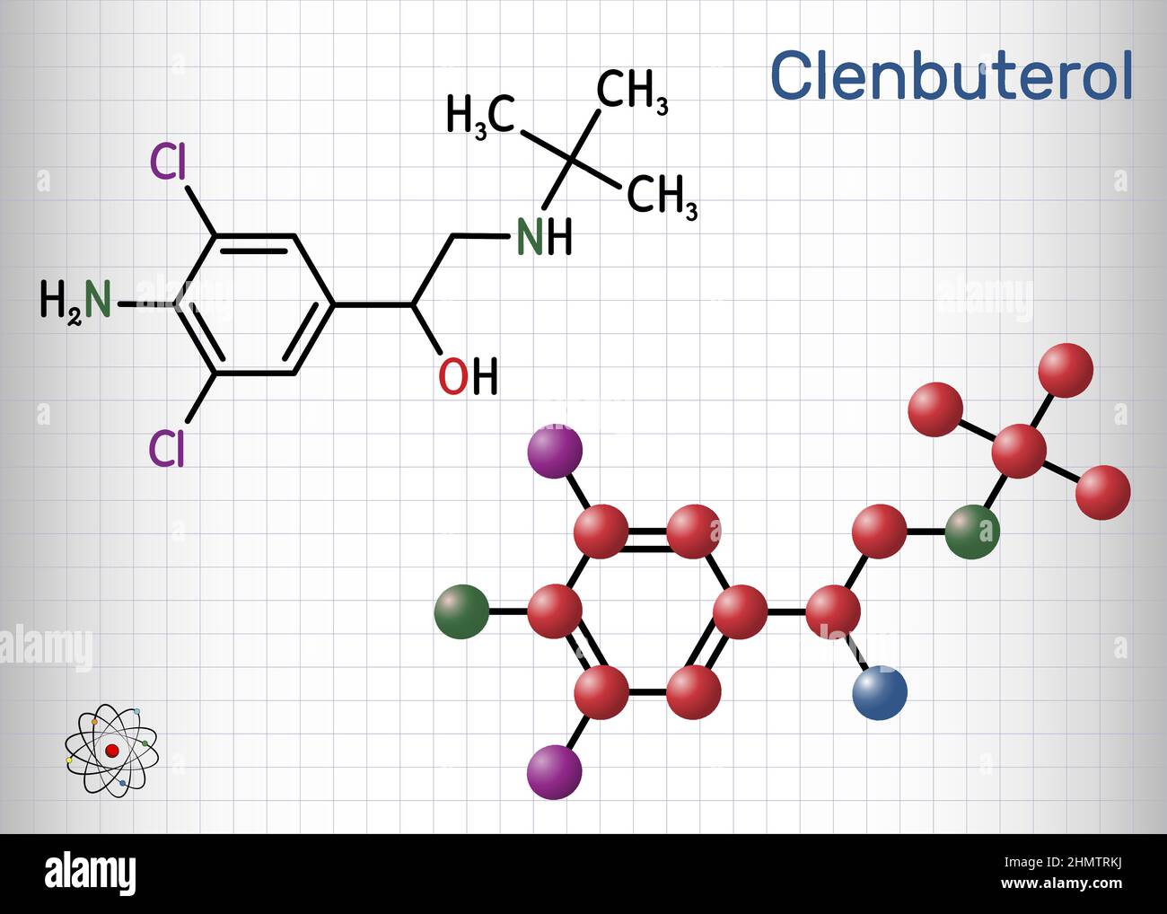 Clenbuterol molecule. It is sympathomimetic amine, decongestant, bronchodilator, used in respiratory conditions, in asthma. Structural formula, molecu Stock Vector