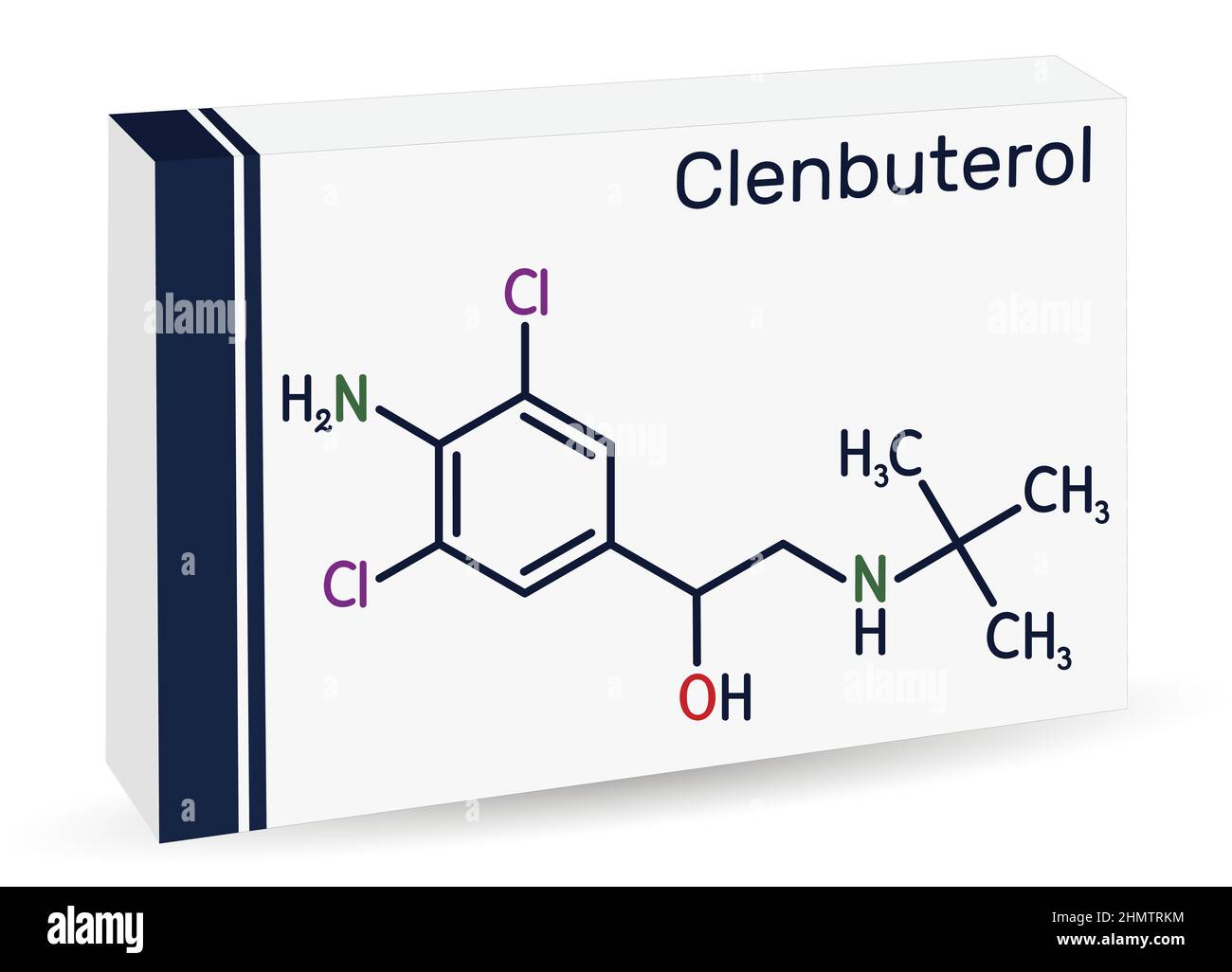 Clenbuterol molecule. It is sympathomimetic amine, decongestant and bronchodilator, used in respiratory conditions, in asthma. Skeletal chemical formu Stock Vector