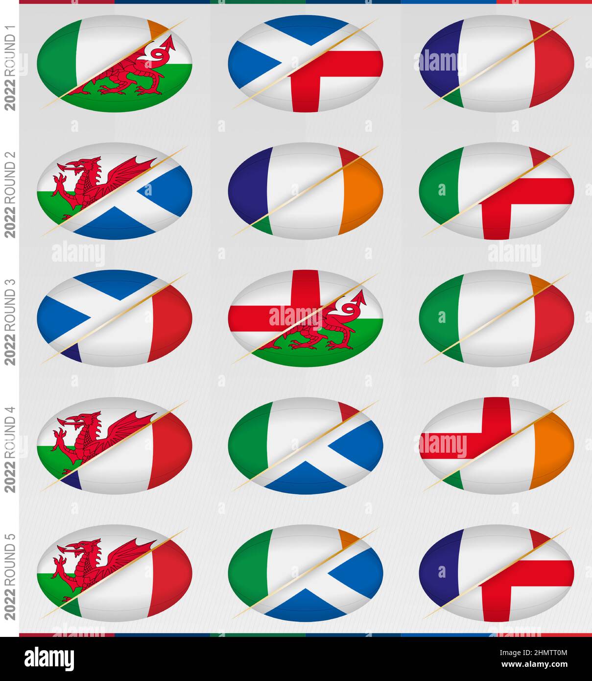 Collection of fifteen rugby matches for rugby tournament, vector flags stylized Rugby ball. Stock Vector