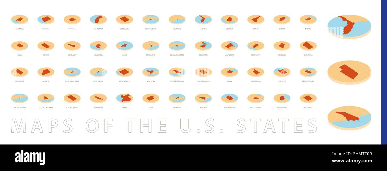 Set of orange round map in isometric style, maps of the states of the