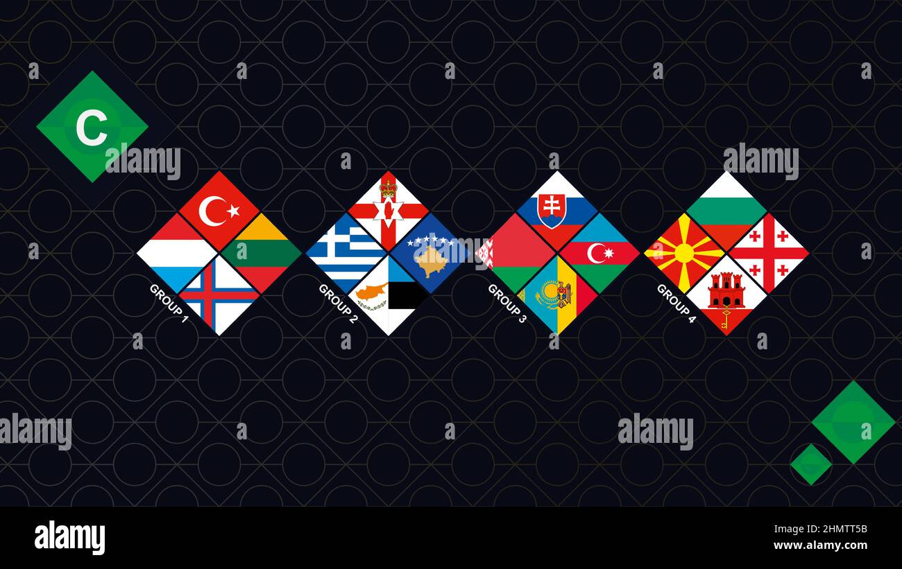 League C Flags of the European Football Competition. National Teams Flags sorted by group. Dark rhombus background. Stock Vector