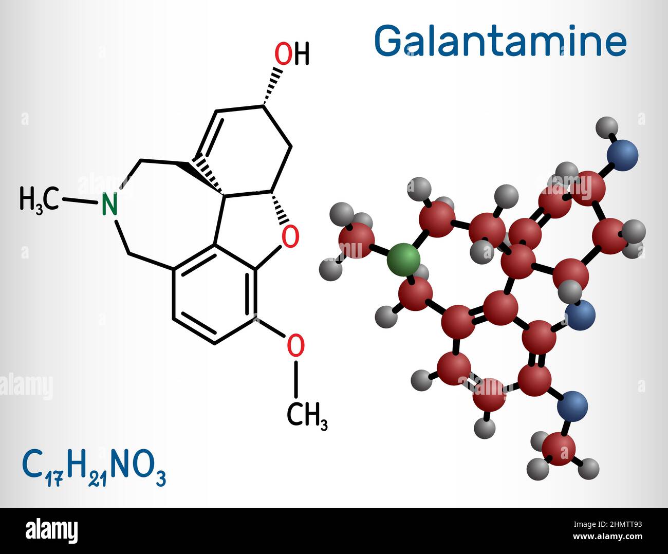 Galantamine molecule. It is tertiary alkaloid, used to trate dementia, Alzheimer's disease. Structural chemical formula and molecule model. Vector ill Stock Vector