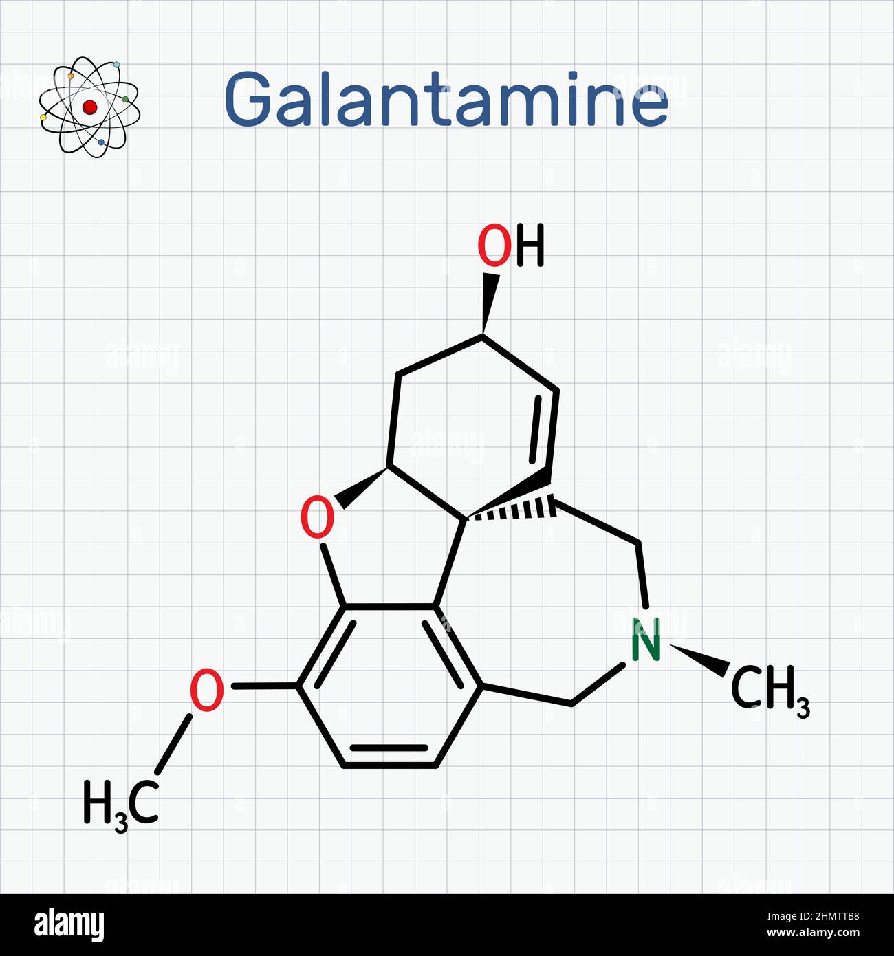 Galantamine molecule. It is tertiary alkaloid, used to trate dementia, Alzheimer's disease. Structural chemical formula, Sheet of paper in a cage. Vec Stock Vector