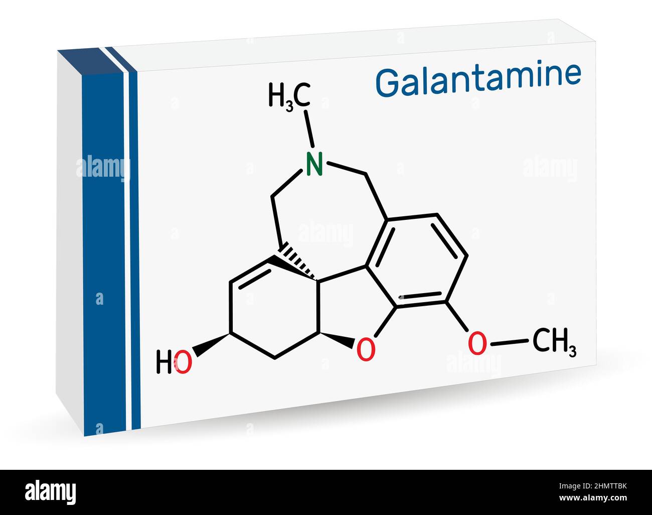 Galantamine molecule. It is tertiary alkaloid, used to trate dementia, Alzheimer's disease. Skeletal chemical formula. Paper packaging for drugs. Vect Stock Vector