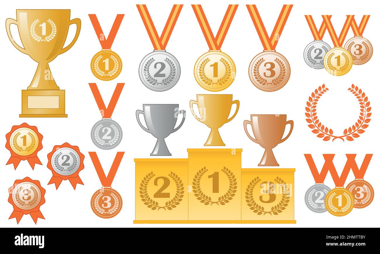 awards - medals, podium, trophies, prizes, set of colour vector illustrations, isolated on white background Stock Vector