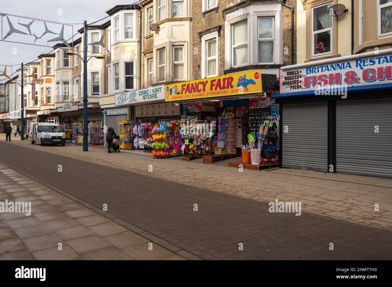 View of Regent Road Great Yarmouth in Winter with small number of shops