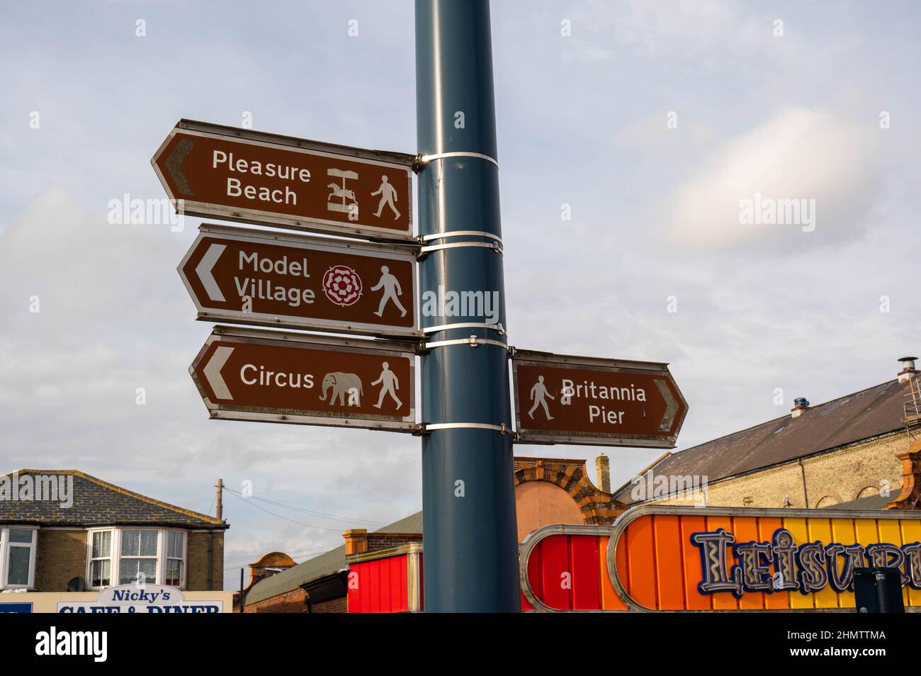 Sign posts pointing the way of attractions on Great Yarmouth sea front ...