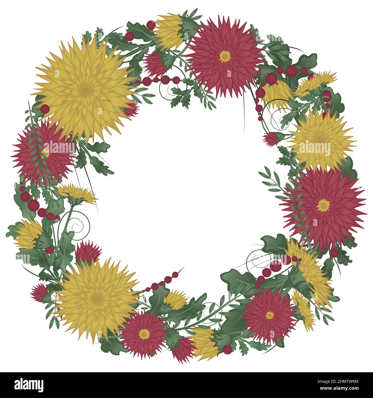 Floral round wreath frame with chrysanthemums. Red and Yellow garland ...