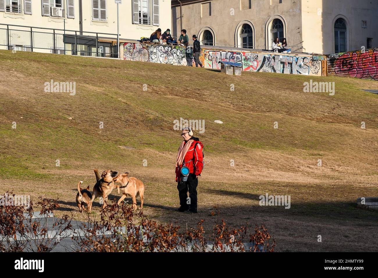 A girl playing with her dogs with a group of teenagers sitting on a graffiti wall in the background in a sunny winter day, Turin, Piedmont, Italy Stock Photo
