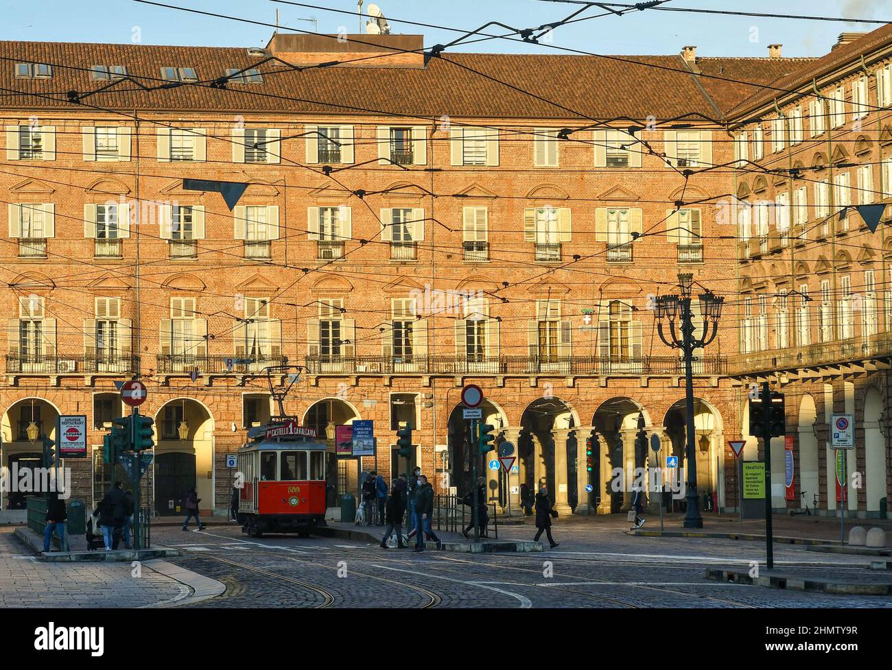 Historical tram number 1 ('30s) in front of the Palace of the Prefecture in Piazza Castello square, in the centre of Turin, Piedmont, Italy Stock Photo