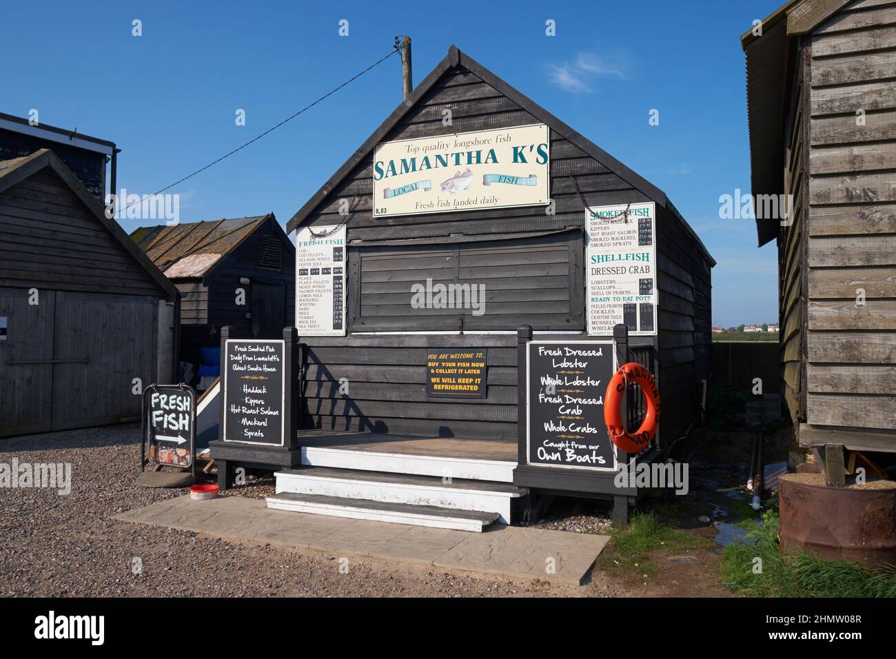 Samantha K's fresh fish shop, Southwold harbour, Suffolk, England. Stock Photo