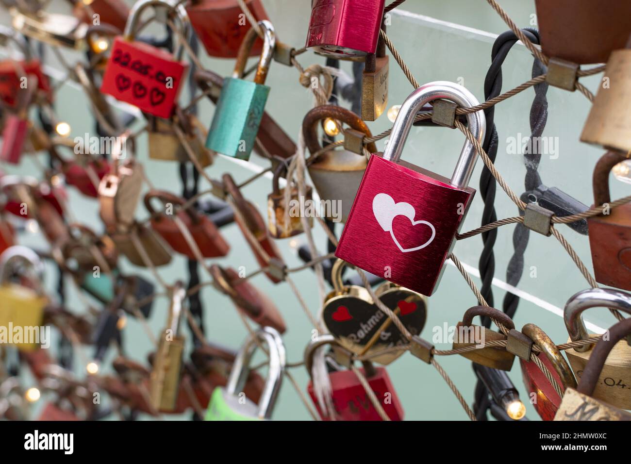 Beautiful shot of colored padlocks with heart shape - Valentine's Day concept Stock Photo